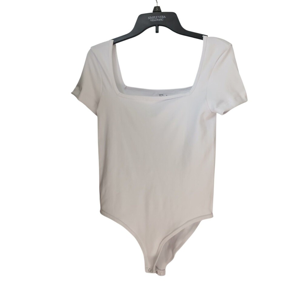 FCT Women’s Bodysuit Size Large White Square Neck Short Sleeve Stretch Snap Bott